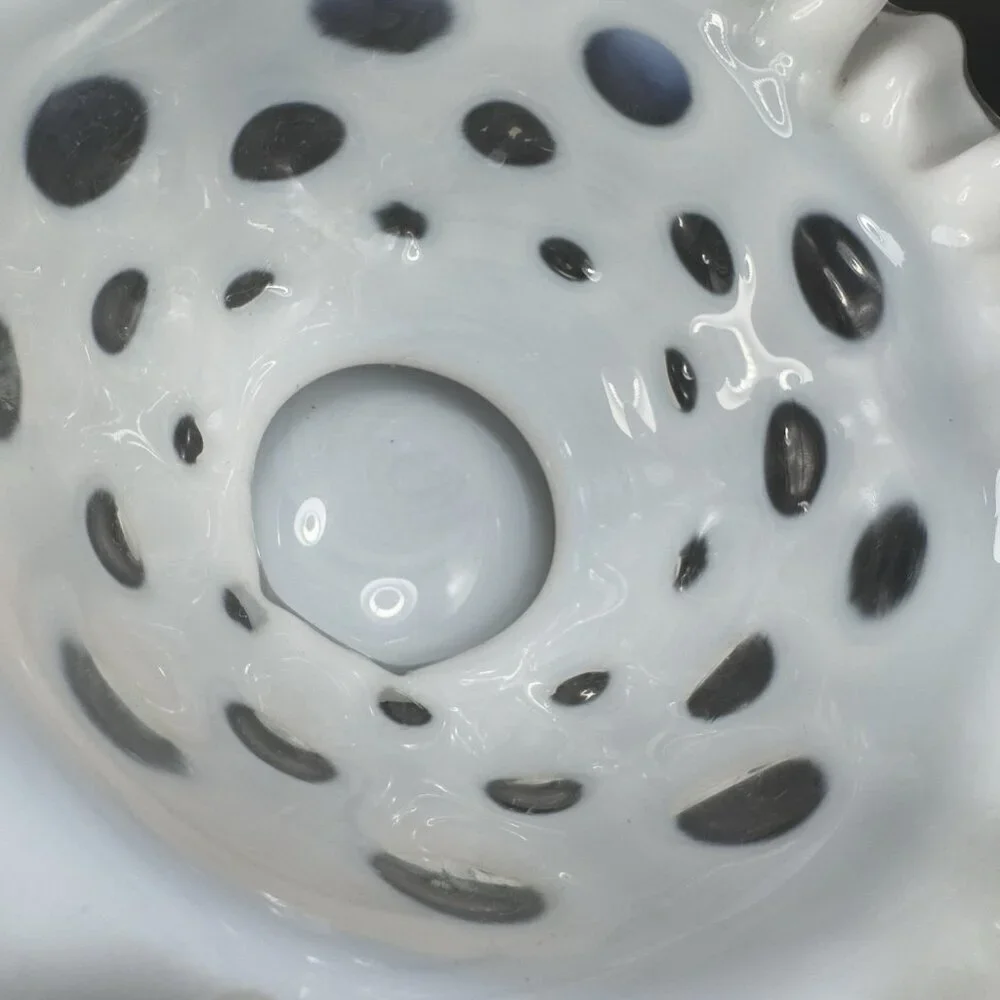 Fenton White Opalescent‎ Clear Coin Dot Ruffled Edge Glass Bowl Dish Vintage